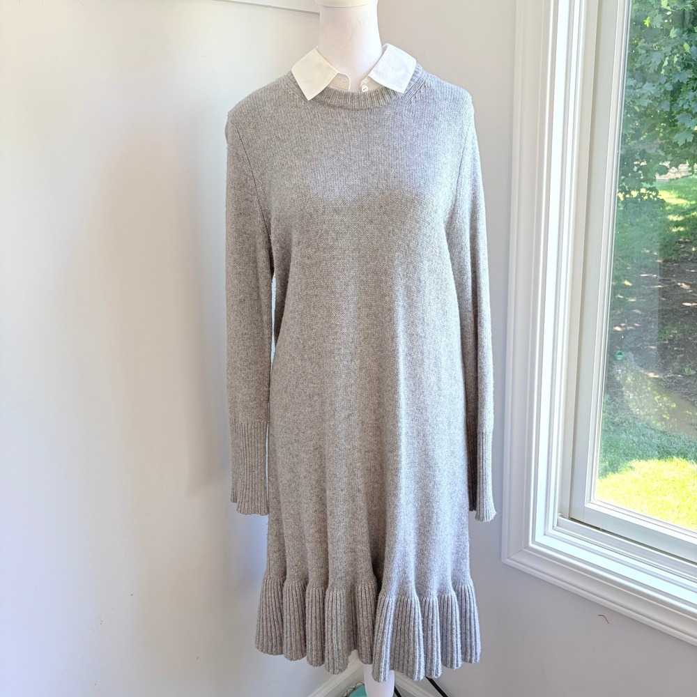 Cinq a Sept Wool Cashmere Sweater Dress Medium Gray Ruffle‎ Hem Knit Luxury